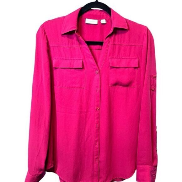EUC New York’s & Company Women’s Fuchsia Pink Long Sleeve Button Down Blouse - S - Picture 1 of 8